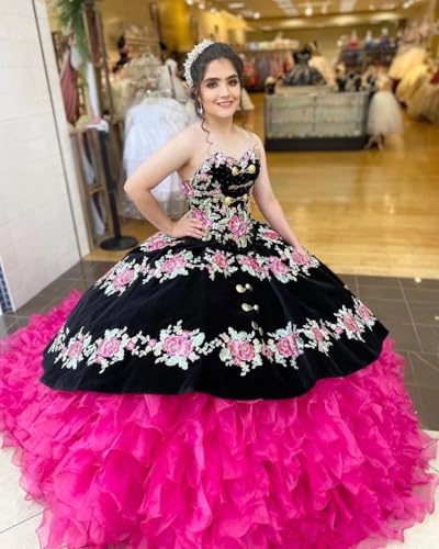 Vintage Floral Embroidered Charro Quinceanera Dresses Ruffle Mexican Style Sweet 15 Dress 20254