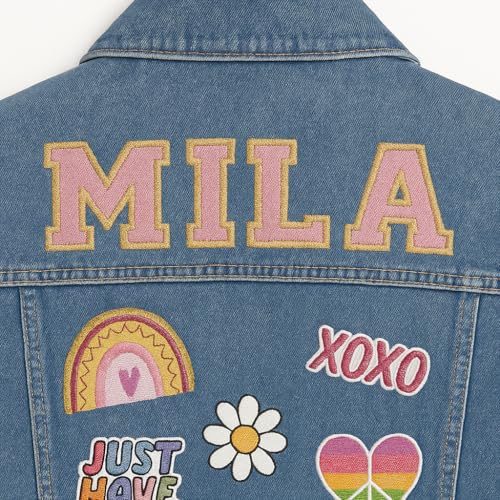 Customized Blue Denim Jacket with Name, Colorful Fun Patches, Personalized Outerwear Jacket for Casual or Special Occasions - Unique Gift for Birthdays & Everyday Wear (Adult L/XL)2