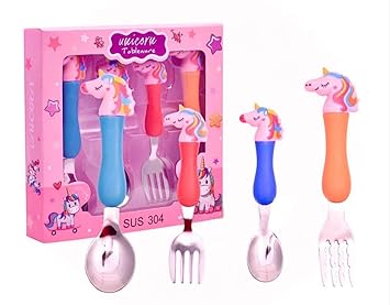 UNIQUEBUYIN Cute Cartoon Character Theme Stainless Steel Baby Feeding Spoon & Fork Cutlery Set for Kids, Multicolor