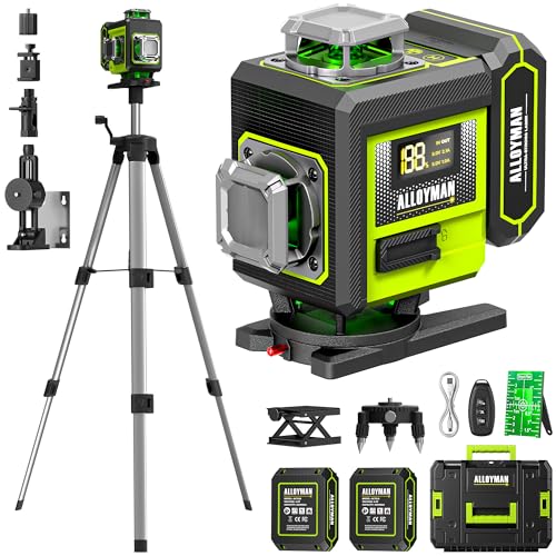 Alloyman Laser Level with Tripod 4 360 Self Leveling Laser Level Nivel Laser Green Line Lazer Leveler Tool for Picture Hanging Home Renovation Indoor Project 2*Battery&Carrying Bag Included