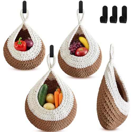 Image of Honeydak 3 Hanging Baskets, White and Beige, Teardrop, Cotton Rope
