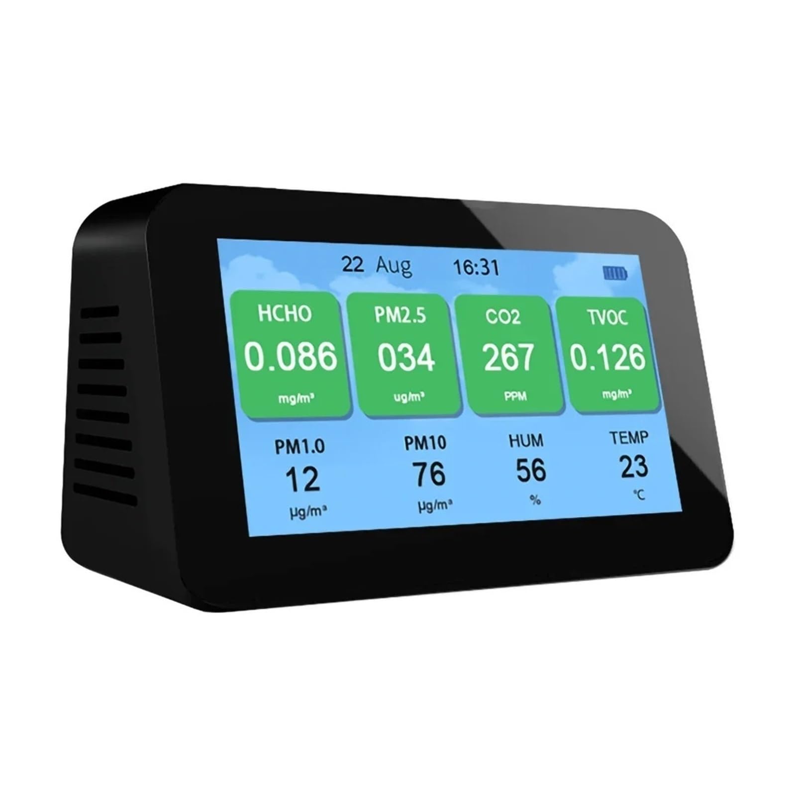 Misuratore Qualità dell'aria, DM601B Nuovo rilevatore di qualità 'aria con schermo LCD digitale a colori, monitor TVOC CO2 PM2.5 intellinte multifunzionale per Casa Cucina Ufficio Auto