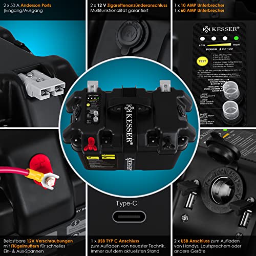 KESSER® Accubox voor bootmotor, elektrische motor, rubberboot, buitenboorder, camper, accubox, boten, USB en 12 V aansluiting, accu, sigarettenaansteker, led-display - Image 4