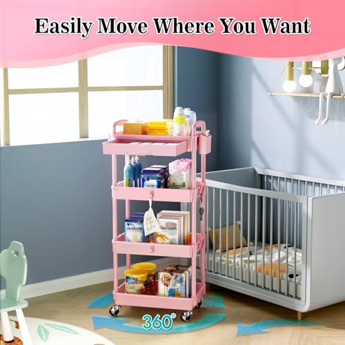 Image of SUNALLY 4 Tier Rolling Utility Cart with Drawer, Storage Organizer Cart with 2 Lockable Wheels, Multifunctional Rolling Storage Cart for Bathroom, Kitchen, Craft, Makeup, Baby Essentials, Pink