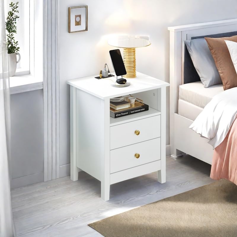 DWVO Set of 2 Nightstand with Charging Station, Night Stands with 2 Drawers, Wooden Modern Bedside Table for Bedroom, White