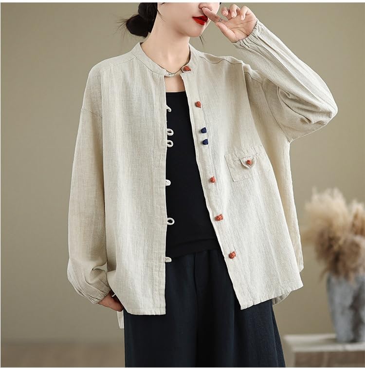 Camisas De Manga Larga De Lino Y Algodón para Mujer, Blusa Tipo Túnica con Botones Y Cuello Redondo Verde Salvia, Informal, Holgada, para Uso Diario Y Elegante.