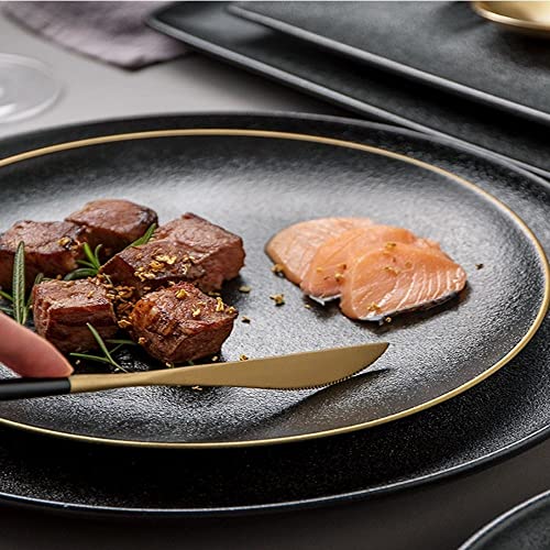 Qlans Elegant Frosted Plate 10Inch Ceramic Restaurant Plate For Brunch, Appetizers, Dinner, Steaks And Desserts. Microwave And Dishwasher Safe, Set Of 4 Black Gold Rim Ceramic Dinner Plates. #TOP2