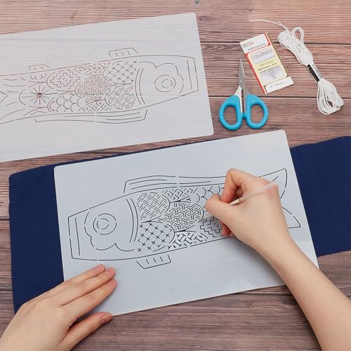 Image of FREEBLOSS DIY Sashiko Placemats Kit Sashiko Embroidery Kit Carp Flag Pattern Placemats Hand Sewing Kit with Instructions Sashiko Kit for Beginners Practice