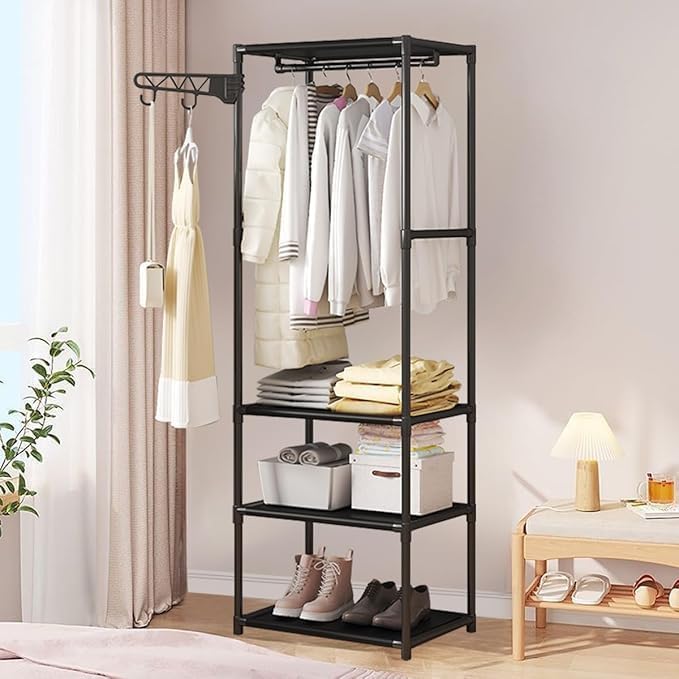 Image of Single Pole Coat Hanger /Cloth Stand /Garment Stand with Bottom Shelves - Metal Garment Rack for Organized Storage 8 Hook (Black-)
