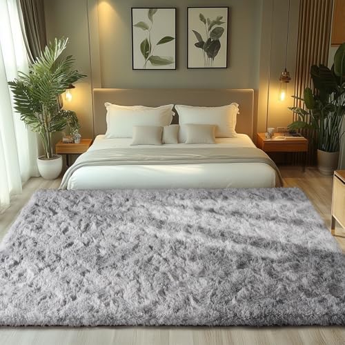 Zentavio Grey and White Area Rugs for Living Room Large Men Room Carpet 6x9 Bedroom Fluffy Furry Shag Aesthetic Plush High Pile Floor Rug for Kids Room Dorm Home Decor Tie-Dyed Grey White