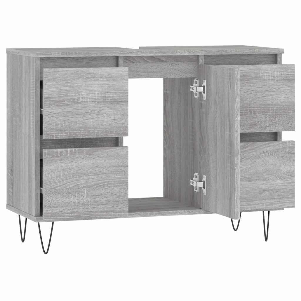 Mueble de baño gris Sonoma 80 x 33 x 60 cm madera multicapa | 1 puerta con 4 cajones, patas de hierro, estilo industrial, montaje de puerta flexible