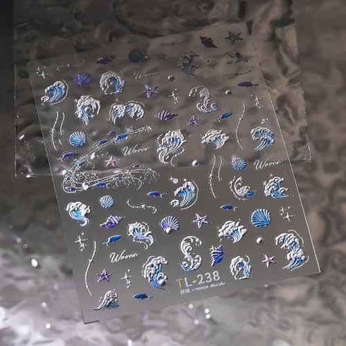 Dajijiyou DAJIJIYOU428 5D Embossed Shell Nail Stickers Self Adhesive Starfish Nail Art Stickers Ocean Waves Conch And Pearl Nail Decals Ocean Theme Nail Designs Stickers thumb #4