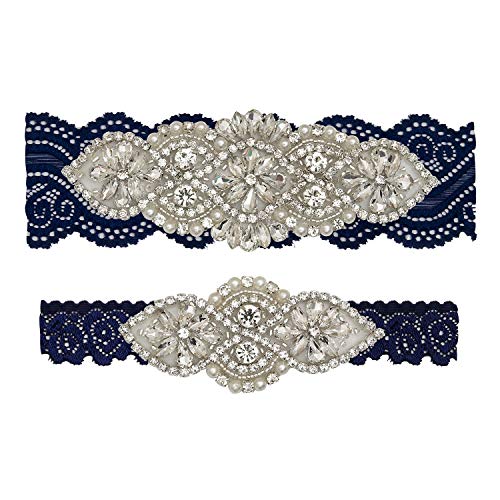 yanstar Wedding Bridal Garter Set White Champagne Navy Lace for Bridal Accessories Rhinestone Garter Lace  (XL:22-23IN, Navy-Silver)