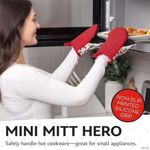 Image of Disney Mickey & Minnie Mini Oven Mitts, 2-Pack, Heat Resistant 450F | Compact 5.5 inchx7.5 inch pot holders for kitchen, printed silicone offers non-slip grip, ambidextrous,hand wash or spot clean