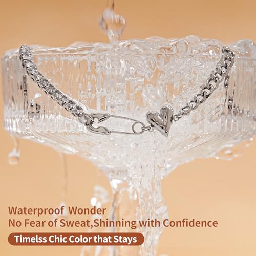 Silver Bracelets for Women Stainless Steel Non Tarnish Gold Cross/Heart Charm Bracelet Dainty Safety Pin Link Chain Bracelets Love Gifts for Women3