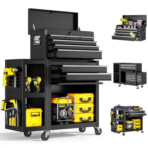 Image of 8-Drawer Rolling Tool Chest with Wheels, Lockable 3-in-1 Tool Box, Detachable Top Toolbox & Bottom Storage Cart with Side Hooks, Heavy Duty Steel Tool Cabinet for Garage, Workshop, Warehouse