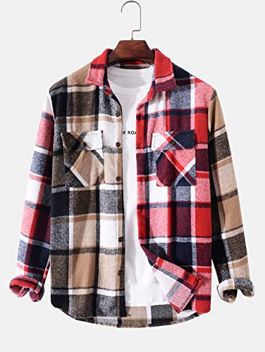 Image of ZAFUL Unisex Plaid Flannel Shirt Jacket Button Down Long Sleeve Pocket Coat Outwear | Mens Fall Clothes Lightweight Long Sleeve Button Down Flap Pocket Jacket Tops for Fall&Winter 2026