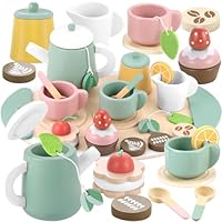 GAGAKU Wooden Tea Set for Toddlers Wood Coffee Toy Play Kitchen Accessories Pretend Play Food for Kids Toys Gifts for Kids Children Girls