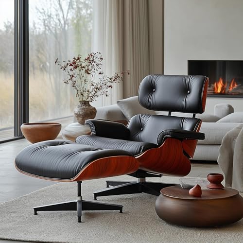Image of Top Black Grain Leather, Mid Century Chaise Lounge Chair and Ottoman, Modern Chair Classic Design, Red Rosewood, Heavy Duty Base Support for Living Room Office