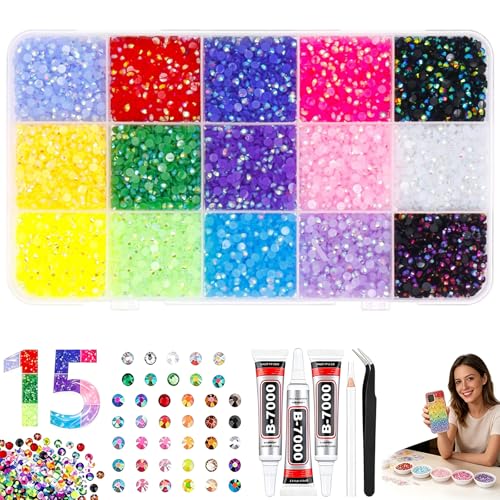 Bedazzling Kit 18000pcs 3mm Resin Jelly Rhinestones Gems with 3 Glues Pickup Pen & Tweezers DIY Bulk Bedazzle Kit Set for Nail Art Tumblers Shoes Clothing & Crafts (15 Colors)