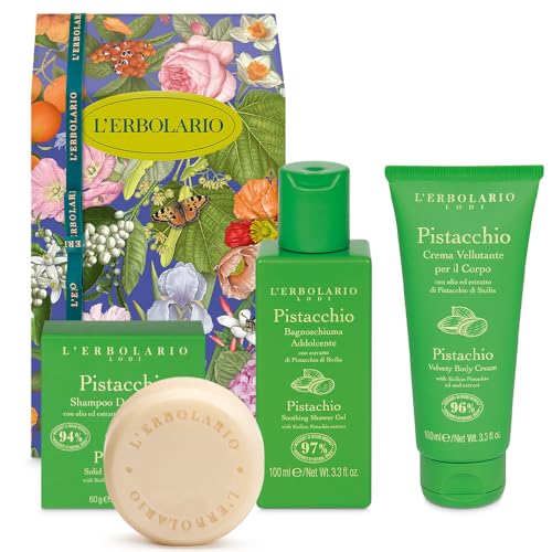L' Erbolario - Confezione Regalo PISTACCHIO TRIO - In Scatola Originale - 1 Bagnoschiuma da 100 ml + 1 Crema Corpo Vellutante da 100 ml + 1 Shampoo Solido da 60 gr