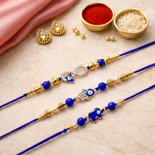 Image of Jaipur Ace Designer Kundan Rakhi with Lumba for Bhaiya Bhabhi | Premium Raksha Bandhan Thread for Brother & Sister-in-Law | Fancy Stone Work Bracelet with Tassel | Traditional Festival Gift (SET OF 3)