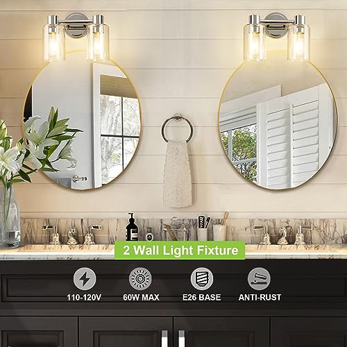 Image of 2 Light Bathroom Wall Sconce Light Fixtures with Clear Glass Bathroom Wall Lights Over Mirror Vanity Lights Chrome with E26 Base