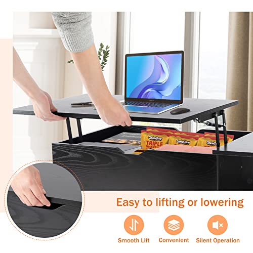 Image of Sweetcrispy Coffee Table Lift Top Coffee Tables for Living Room,Small Rising Wooden Center Tables with Storage Shelf and Hidden Compartment, Black