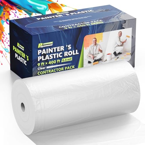 Papamood 9 x 400 Clear Painters Plastic Sheeting Roll with Dispenser Box