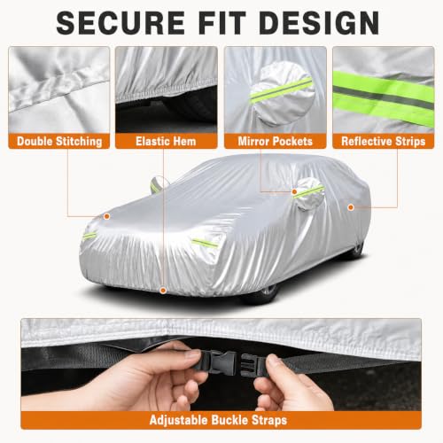 Image of GXARTS Heavy Duty Car Cover 189 inchx75 inchx59 inch Waterproof All-Weather Sedan Cover with Zipper Door+Windproof Straps,UV Snowproof Dustproof Fit for Toyota Corolla Honda Civic VW Jetta Kia Forte Elantra+More
