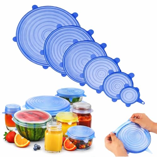 Image of Silicone Stretch Lids, Multi Size Reusable Silicone Lids Food And Bowl Covers, Dishwasher And Freezer Safe, Elastic Bowl Covers Fit Round & Rectangle Containers, Jars, Cups (Pack Of 6 Pcs)
