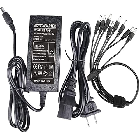 12V 5A Power Adapter Charger LED Strip AC 100V-240V, DC 12 Volt 5 Amp 60 Watt Converter Driver Universal Lighting Transformer for 12 V 5 A with 2.1X5.5mm Plug 1 Female to 8 Male Power Split Cable Cover