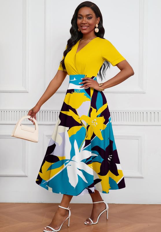 Image of MarryUP Women's Midi Dresses - V Neck Cocktail & Church Tea Dresses - Short Sleeve A-Line Swing Dress