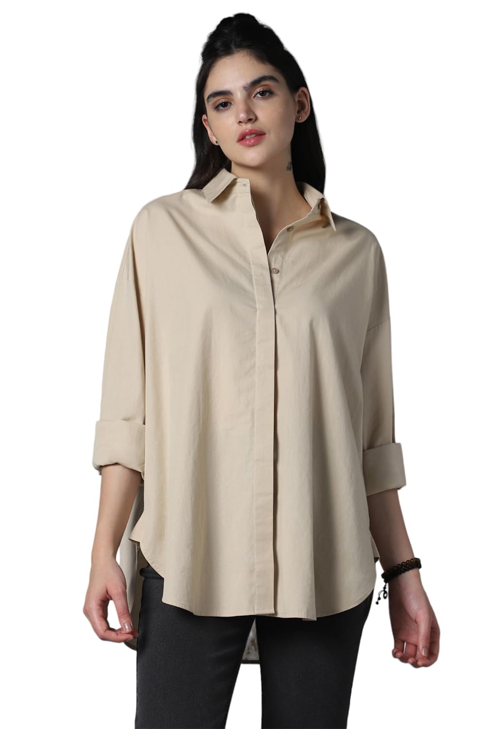 high star Relaxed Oversized Spread Collar Long Sleeve Cotton Longline Casual Shirt-picture-33
