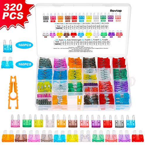 Rovtop 320pcs Fusibili Auto Includono 160pcs Mini Fusibili 160pcs Medium Fusibili, 11 Specifiche (2A 3A 5A 7.5A 10A 15A 20A 25A 30A 35A 40A) Fusibili Lamellari Auto per Automobili