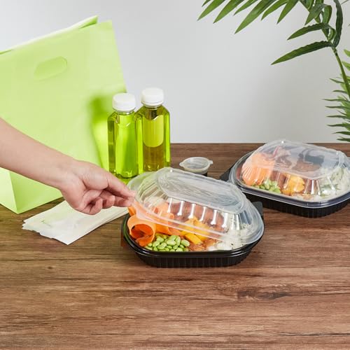 Image of Restaurantware-Chef 101 34 Ounce Meal Prep Containers, 100 Microwavable To Go Containers With Lids - 3 Compartments, Disposable, Black Plastic Oval Food Containers, For Hot And Cold Food, Freezable