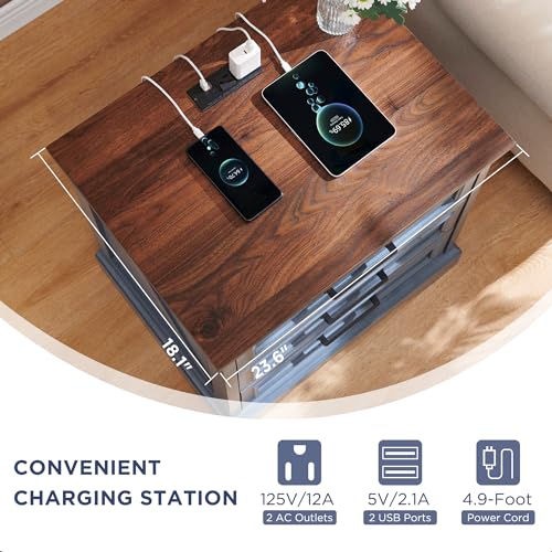 Image of ACCOHOHO Farmhouse Nightstands Set of 2, 22 Inch Wide End Table with Charging Station & 3 Large Drawers, Rustic Wood Small Dresser Chest of Drawers for Bedroom, Living Room, Blue