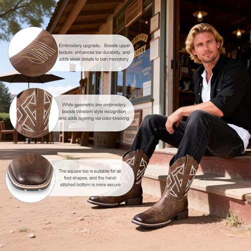Image of Cowboy Boots for Men Western Square Toe Embroidered Slip Resistant Durable Ankle Boots for Spring Fall