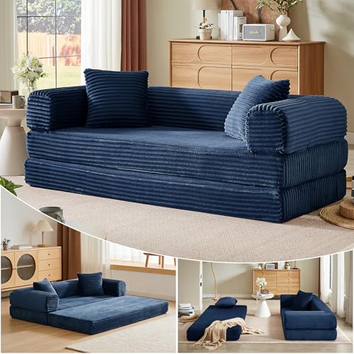 Image of 78 Inch Convertible Folding Sleeper Sofa Bed, Fold Out Floor Sofa Couch with Fixed-Shape Frame, Cloud Corduroy Foldable Mattress Couch for Living Room Bedroom (Blue)