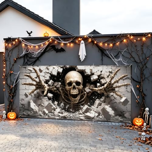 Image of Halloween Garage Door Decorations 6 x 13 ft, Skeleton Wall Cover