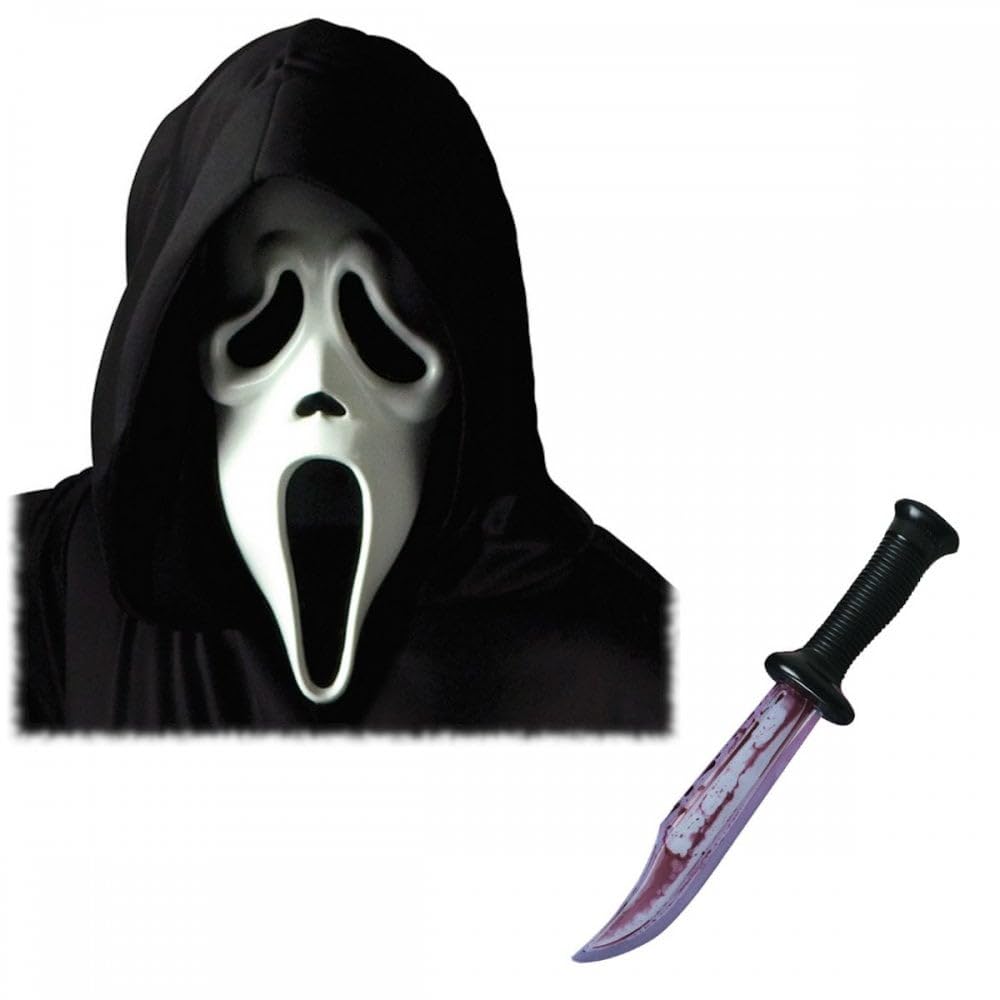 Officially Licensed Scream Ghost Face Mask + Knife Options : Adults Men Women Halloween Film Horror Fancy Dress Costume Accessory Set (Classic Mask & Bloody Blade)
