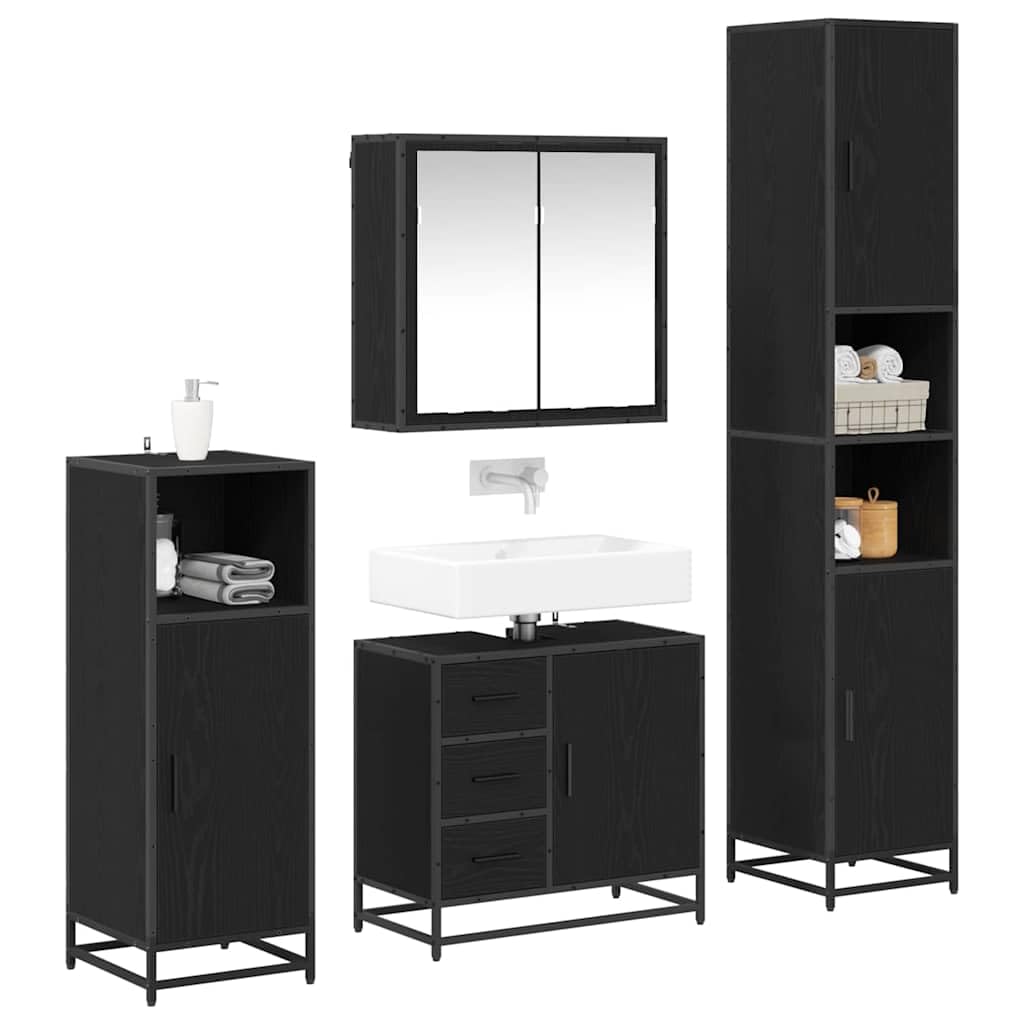 Set di mobili da bagno, 4 pezzi, nero, effetto rovere, materiale in legno