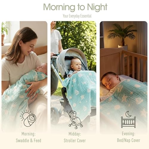 Image of 6-Layer Muslin Baby Blanket Made with Organic Cotton - Serene Ocean Life & Sea Wonders Theme,Swaddle & Crib Quilt, 43 inch x 43 inch,Green Ocean