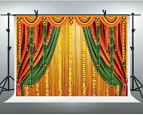 Image of Lofaris India Pooja Photography Backdrop Puja Ganpati Pooja Traditional Mehndi Festival Background Decorations Wedding Party Marigold Garlands Photo Props 10x7ft