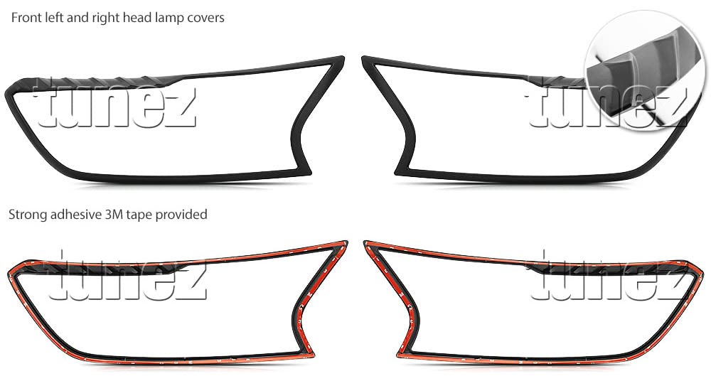 TUNEZ® Osłony reflektorów i świateł tylnych kompatybilne z Ford Ranger PX T6 Wildtrak XL XLT Limited 2 XLS Mk2 Mk3 rok 2016-2019 przednia i tylna lampa matowa czarna osłona