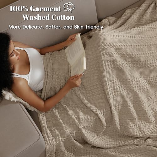 Image of PHF 100% Cotton Waffle Blanket Queen Size for Bed, Lightweight Breathable and Soft for Summer, Luxury Aesthetic Waffle Weave Blanket for Home Decor & Gifts for Women, 90 inchx90 inch, Taupe
