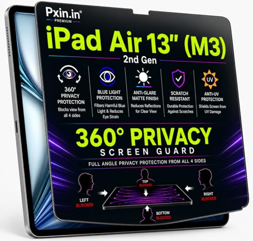 Image of Pxin 360 Pro Privacy Screen guard compatible with iPad Air 13 inch (M3) - 2nd Gen 13 inch | Anti Glare | Anti UV | Anti Blue | Anti Reflection | Privacy Filter | Unbreakable Build