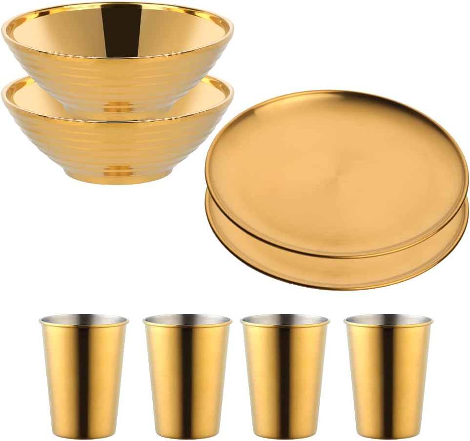 Stainless Steel Plates Cups and Bowls Set, Camping Dish Set, 8 Pcs Camping Mess Kit, Dinnerware for Home, Camping, Backpacking, Hiking, Picnic and Outdoor