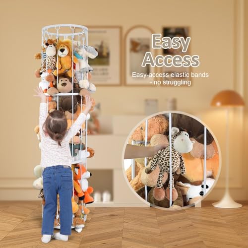 Image of Stuffed Animal Storage Zoo Plushies Toy Storage Organizer, Metal Tube Stuffed Animal Holder with Brake Wheels, Space Saving Plush Toy Holder for Playroom Bedroom Nursery (White)