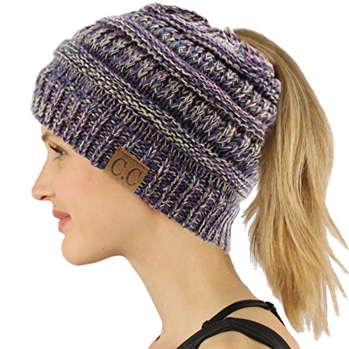 Ponytail Messy Bun BeanieTail Soft Winter Knit Stretchy Beanie Hat Cap Quad Purple